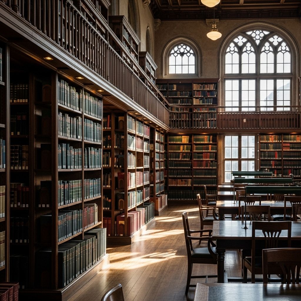 Bibliothèque institutionnelle avec de hautes étagères en bois sombre remplies de livres reliés, lumière naturelle filtrant par de grandes fenêtres à carreaux, atmosphère studieuse et solennelle d'un lieu de savoir
