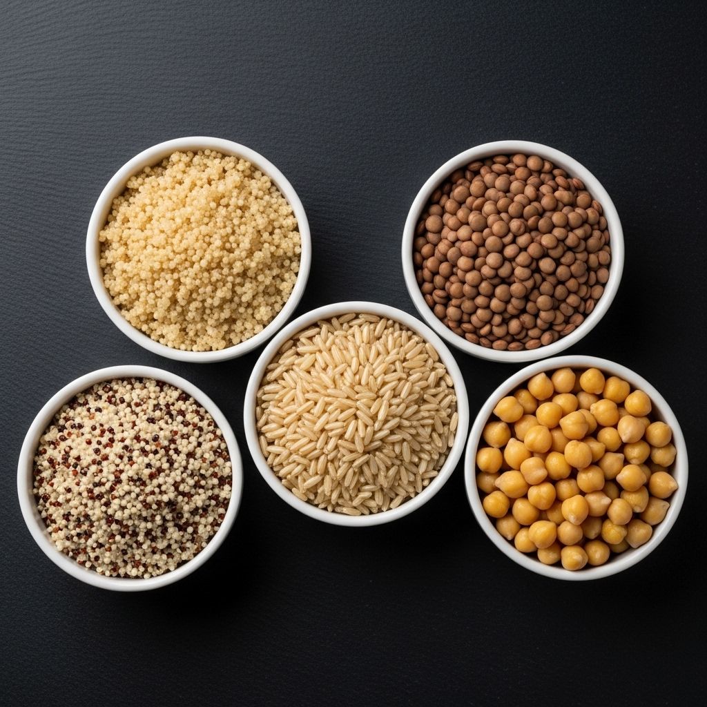 Assortiment de céréales complètes et légumineuses variées vus de dessus dans des coupelles en céramique blanche, grains de quinoa, riz brun, lentilles et pois chiches, fond en ardoise sombre