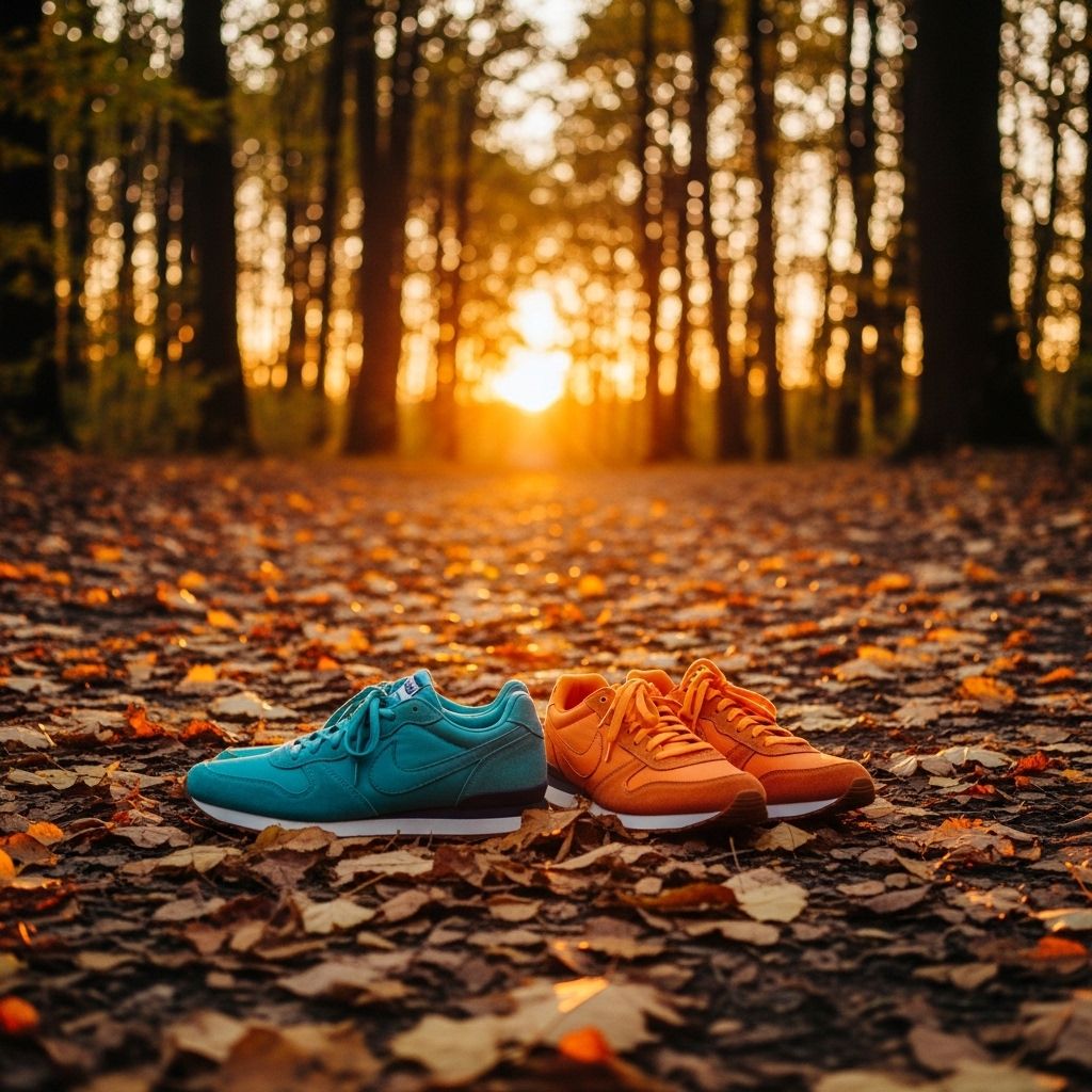 Paire de chaussures de sport posée sur un sentier en forêt au coucher du soleil, sol jonché de feuilles dorées d'automne, lumière chaude filtrant entre les arbres