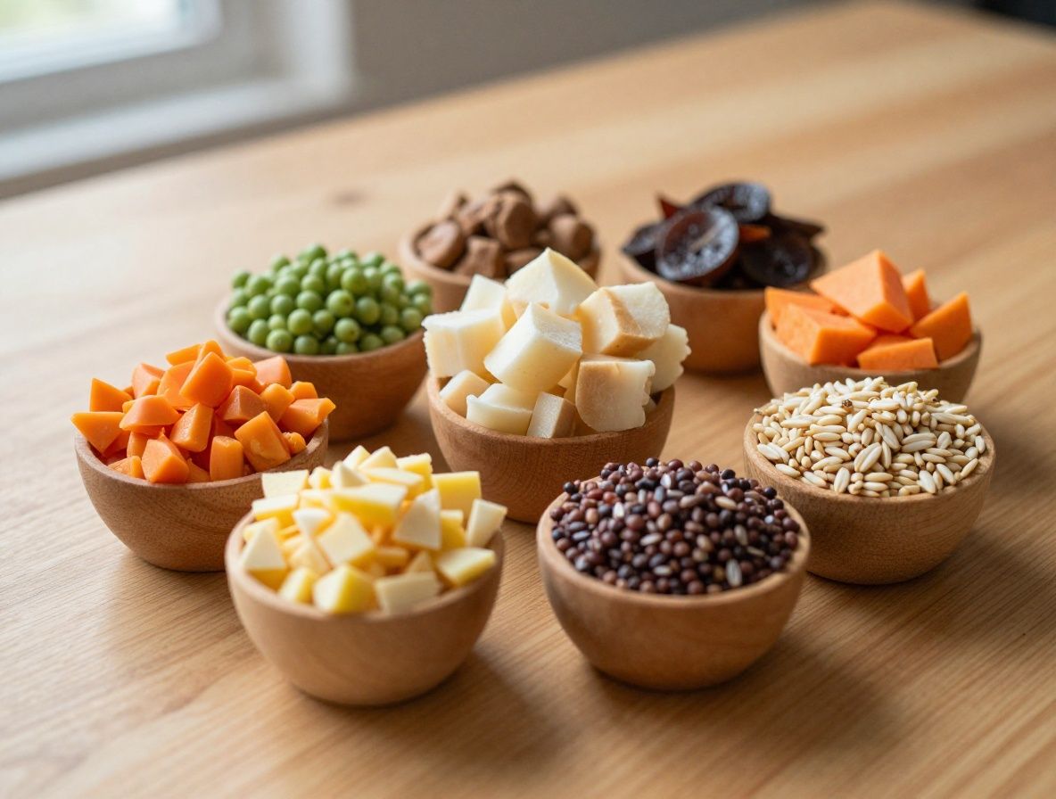 Assiette équilibrée composée de légumes colorés, grains entiers et protéines maigres sur une table en bois naturel, lumière naturelle douce depuis une fenêtre