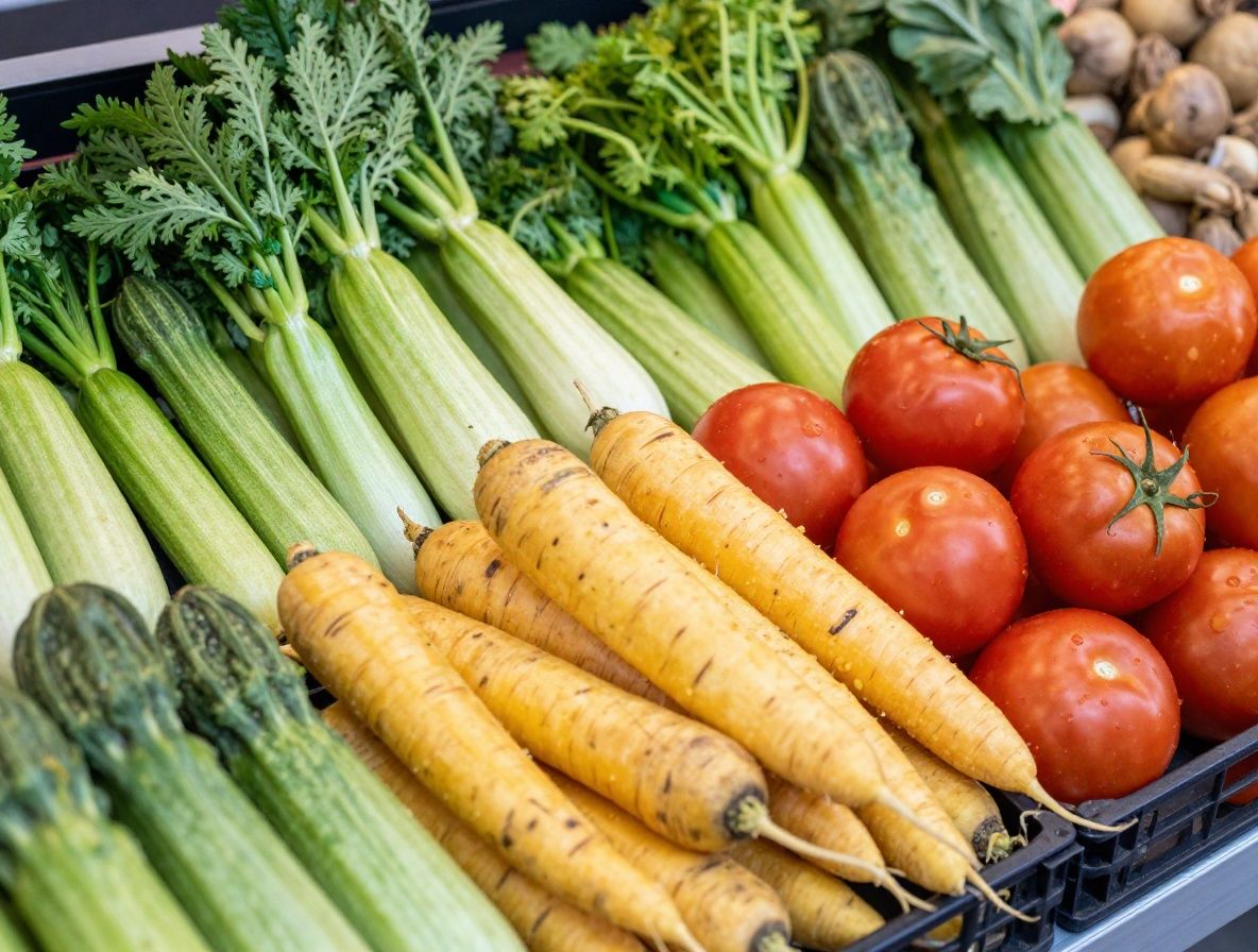 Marché de producteurs avec une abondance de fruits et légumes frais et colorés disposés en étals, carottes, courgettes, tomates, environnement lumineux et animé