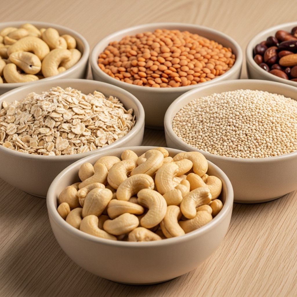 Assortiment de céréales complètes, légumineuses et fruits secs disposés dans des bols en céramique beige sur une table en bois clair — avoine, lentilles, quinoa, noix de cajou