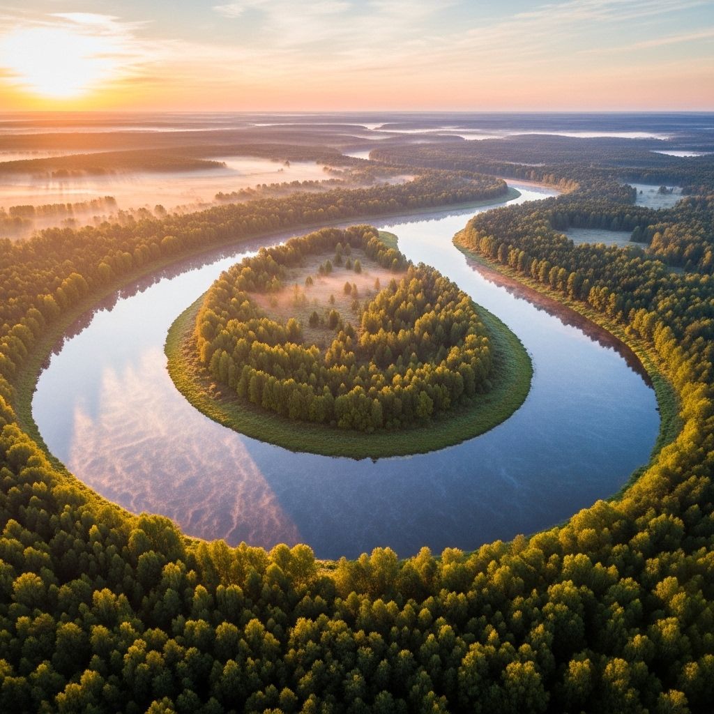 Vue aérienne sereine d'une forêt dense avec des rayons de lumière dorés traversant le feuillage vert, symbolisant l'équilibre naturel et la vitalité