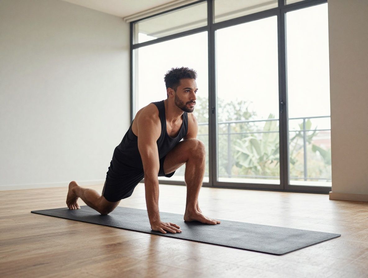 Homme effectuant des étirements matinaux sur un tapis de yoga dans un appartement lumineux, lumière naturelle entrant par de grandes fenêtres, moment de calme et de concentration