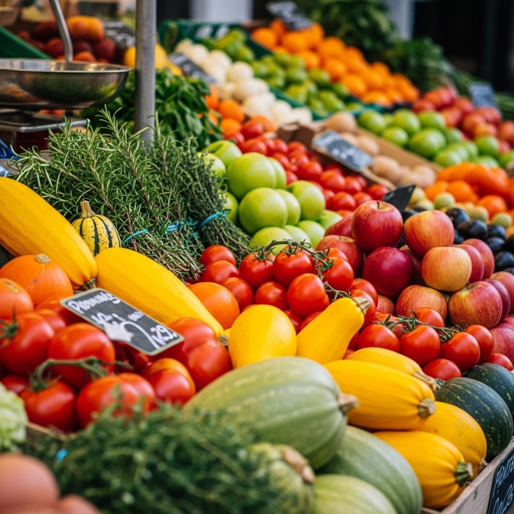 Étalage coloré et abondant de fruits et légumes frais variés sur un marché provençal, mis en lumière naturelle douce — tomates, courges, pommes, herbes aromatiques